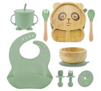 Feelhap Vajilla Bebe,Juego de 9 Piezas Platos Bebe con Ventosa,Cuenco Ventosa,Cubiertos Bebe,Vaso Aprendizaje y Babero,Vajilla Infantil con Ventosa,Vajilla de Aprendizaje para Comer Destete(Verde)
