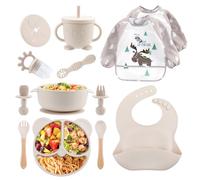 Feelhap Vajilla Bebe Silicona, 13 piezas Vajilla de Silicona para Bebés, Juegos de Vajilla Infantil Antideslizante, Plato Bebe Ventosa Cuenco Taza Babero Cubiertos Bebe Regalo Chupete Fruta (Beige)