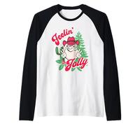 Feeling Jolly Pink Cowboy Santa Western Christmas Camiseta Manga Raglan