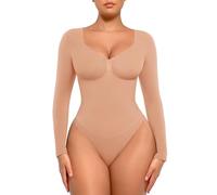 FeelinGirl Body de manga larga con cuello en V, sin costuras, con control de abdomen, castaño, S