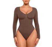 FeelinGirl Body de manga larga con cuello en V, sin costuras, con control de abdomen, chocolate, S