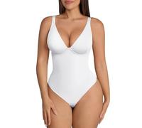 FeelinGirl Body Reductor para Mujer Lumbar Adelgazante Fajas Colombianas Control de Barriga Shapewear Bodysuit Tanga con Cuello en V Profundo Blanco XS