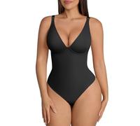 FeelinGirl Body Reductor para Mujer Lumbar Adelgazante Fajas Colombianas Control de Barriga Shapewear Bodysuit Tanga con Cuello en V Profundo Negro S