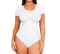 FeelinGirl Bodysuit for Women Tummy Control Shapewear Seamless Short Sleeve Scoop Neck Thong Sculpting Body Shaper