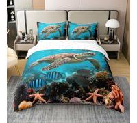 feelingyou 3D Tortuga 100% Natural Algodón Edredón Tamaño L Bonito Pez Estrella De Mar Perla Coral Niñas Juego Rústico Mar Animals Edredón Cubierta, 3 Piezas