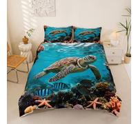 feelingyou 3D Tortuga Niños Edredón Tamaño L Bonito Pez Estrella De Mar Perla Coral Suave Poliéster Manta Cubierta Rústica Sea Animals Ropa De Cama Set (2 Contenedores De Cojines)