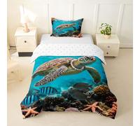 feelingyou 3D Tortuga Niños Edredón Tamaño S Bonito Pez Estrella de Mar Perla Coral Manta Cubierta para Dormitorio Rústico Sea Animals Juego de Ropa de Cama (1 Contenedor de Almohada)