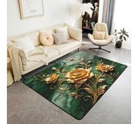 feelingyou Alfombra de mármol de lujo para salón, 150 x 200 cm, diseño floral dorado, alfombra para dormitorio para niños y niñas, estilo palacio vintage, decoración del hogar