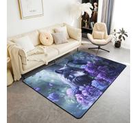 feelingyou Alfombra de sala de estar con animales de lobo, 100 x 150 cm, animales salvajes, cuervo, pájaro, dormitorio, alfombra para niños, adolescentes, lago de flores, color morado, rosa, para