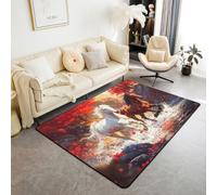 feelingyou Alfombra de sala de estar con caballo, 100 x 150 cm, color blanco y marrón, diseño de animales de caballo, alfombra para niños, adolescentes, hojas de arce rojas, alfombra de interior