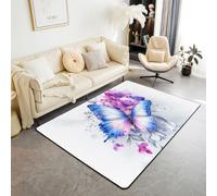 feelingyou Alfombra de salón con mariposas 3D, 150 x 200 cm, acuarela, hermosas flores de ensueño, alfombra para el dormitorio, para niños y niñas, color rosa, azul, natural, animal, planta, temática