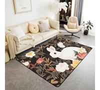 feelingyou Alfombra de salón de conejo blanco 150 x 200 cm, pintura china retro, alfombra de área de dormitorio para niños y niñas, animales rurales, plantas, alfombra de suelo, decoración del hogar
