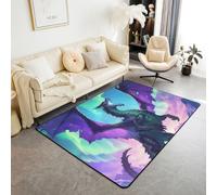 feelingyou Alfombra de salón de dragón, 100 x 150 cm, animales salvajes occidentales, alfombra de dormitorio para niños, adolescentes, verde, azul, morado, aurora, alfombra de interior, decoración del