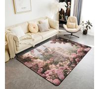 feelingyou Alfombra de salón de estilo princesa 100 x 150 cm, magnífico castillo de sueños con estampado de castillo de sueño, alfombra para niños, adolescentes, flores rosas románticas, decoración