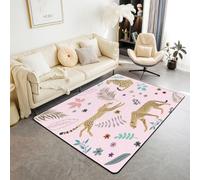 feelingyou Alfombra de salón de guepardo africano, 150 x 200 cm, animales salvajes, estampado de leopardo, alfombra para dormitorio para niños y niñas, pétalos de flores rosas, decoración del hogar