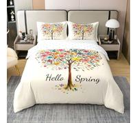 feelingyou Árbol de primavera 100% algodón natural edredón tamaño M bonitos pétalos de flores Hola primavera diseño niños ropa de cama conjunto de plantas rústicas con carácter botánico cubierta de