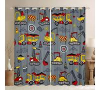 feelingyou BAU Vehículos Cortina para Dormitorio, Dibujos Animados Excavadora Grúa Camión Tractor Impresión Ventana Cortina para Niñas Adolescentes, Gris Rojo Amarillo Decoración Microfibra Ventana