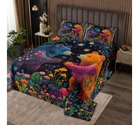 feelingyou Bear Print Edredón Tamaño L, Animales Salvajes Groovy Arte Pintura Quilt Set con 2 fundas de almohada, Acuarela Seta Flor Planta Microfibra Coverlet Set para Niños Adultos, Transpirable