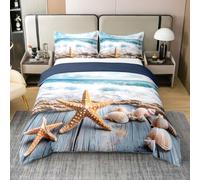feelingyou Blue Sea 100% Natural Algodón Edredón Tamaño S Dulce Estrella de Mar y Concha Conch Juego de Ropa de Cama Olas del Océano Rústico Olas Cubrir 2pcs