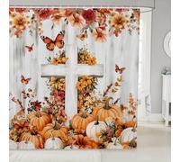 feelingyou Bombas de otoño cortina de ducha tamaño L Happy Thanksgiving Day cortina de baño para adultos flores rústicas hojas estilo granja accesorios de baño con gancho