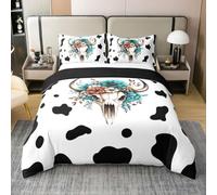 feelingyou Bull Cráneo 100% Natural Algodón Edredón Tamaño L Estampado Vaca Negro Blanco Niñas Ropa de Cama Juego Boho Tribal Cráneo Flores Teal Blanco Edredón Cubierta, 3 Piezas