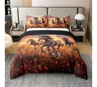 feelingyou Caballos galopantes 100% algodón natural edredón tamaño XL granja estilo animal ropa de cama conjunto de ropa de cama puesta de sol cielo flores naranja verde edredón cubierta, 3 piezas