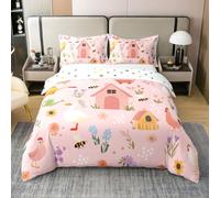 feelingyou Casa de campo rústica 100% algodón natural edredón tamaño M Acuarela pétalos niños ropa de cama conjunto lindo animales rosa cubierta cubierta 2pcs