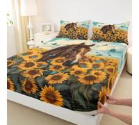 feelingyou Chapa empotrada para caballo, tamaño S, funda de edredón de girasol, 1 funda de almohada, juego de cama para niños