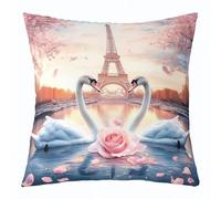 feelingyou Cisne Par de Fundas de Cojín, Romántica París Torre Eiffel Funda de Almohada para Sofá RV Camper Rosa Floral Amor Día de San Valentín para Niños Niñas Impresión Doble Cara 60 x 60