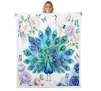 feelingyou Colorido pavo real arroja manta, tamaño de tiro blanco escarabajo de la grúa amapola patrón de amapolas cama para adolescentes animales lindos y plantas en acuarelas decoración del hogar