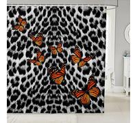 feelingyou Cortina de baño con estampado de piel de leopardo, cortina de ducha de mariposa de color, temática animal africana salvaje tejido de microfibra impermeable con ganchos para bañeras establos