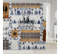 feelingyou Cortina de baño con impresión de ciervos,Cortina de ducha natural de pino de animales salvajes para niños niños,Placa impermeable rústica de granja con ganchos para soportes,Tamaño S