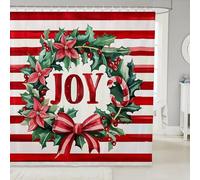 feelingyou Cortina de baño corona de Navidad,Cortina de ducha de baño de rayas blancas rojas para niños,Hojas verdes flores rojas tela impermeable con ganchos para soportes,Tamaño M