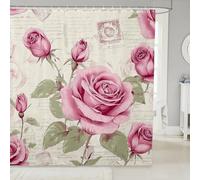 feelingyou Cortina de baño de flores rosadas,Cortina de ducha con patrón de flores rosas románticas para niños y niños,Hojas verdes impresión rústica país cortina impermeable con ganchos para soportes
