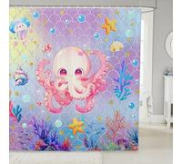 feelingyou Cortina de baño de pulpo rosa, hermosa cortina de ducha de acuarela de coral Sealife para soportes, azul púrpura sirena escala impresión cortinas de tela impermeable con 12 ganchos, tamaño