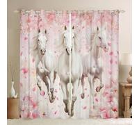 feelingyou Cortina de caballos blancos,Cortinas de ventana de animales de granja con estampado de caballos 3D para niñas y niños,Cortinas de tratamiento de ventanas de flores rosas para sala de estar
