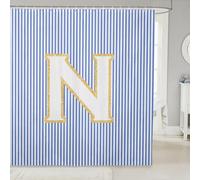 feelingyou Cortina de ducha a rayas azules blancas tamaño M letra inicial N cortina de baño para niños bonito monograma alfabeto accesorios de baño con gancho