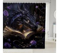 feelingyou Cortina de ducha de dragón occidental,Cortina de baño con estampado de animales salvajes exóticos con ganchos, flores rosas, bohemio, morado, impermeable, accesorios de baño con 12 ganchos