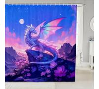 feelingyou Cortina de ducha de dragón tamaño M Western Wildlife cortina de baño para niños cielo púrpura flores accesorios de baño con gancho