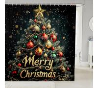 feelingyou Cortina de ducha de feliz Navidad tamaño M brillante cortina de baño con purpurina para niños bolas de Navidad impresión accesorios de baño con gancho
