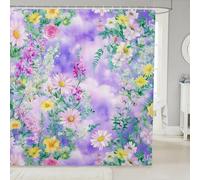 feelingyou Cortina de ducha de flores de margarita tamaño S acuarela hermosas flores cortina de baño para niños hojas verdes corbata púrpura tinte accesorios de baño con gancho