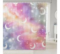 feelingyou Cortina de ducha de luna blanca tamaño M Niñas soñadoras estrellas luna cielo brillo galaxia cortina de baño para niños púrpura rosa bonita impresión accesorios de baño con gancho