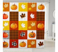 feelingyou Cortina de ducha de rejilla geométrica tamaño M acuarela calabaza hoja de arce decoración cortina de baño para niños adolescentes feliz Halloween cortinas de baño impermeables con 12