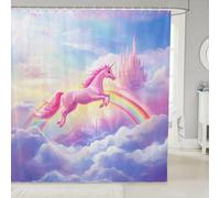 feelingyou Cortina de ducha de unicornio 3D tamaño M acuarela arco iris nubes blancas cielo castillo soñador cortina de baño para niños rosa lindo dibujos animados animal baño accesorios con gancho