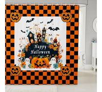 feelingyou Cortina de ducha Happy Halloween, Cute Pumpkin Ghost Bat Print cortina de baño, naranja y negro, accesorios de baño impermeables con lavable a máquina, tamaño L