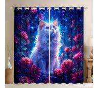 feelingyou Cortina de gato blanco para dormitorio,Lindo animal azul estrellas Galaxy cortina de ventana para niñas adolescentes,Flores rojas rosadas decoración floral microfibra tratamiento de