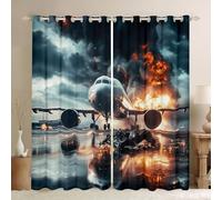 feelingyou Cortina de impresión de aviones decoración del hogar,Fuego Llama y Humo Patrón Cortinas para Niñas Niños,Planas de aire modernas Cortinas de tratamiento de ventanas negras azules para