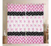 feelingyou Cortina de lazo de acuarela para dormitorio, raya rosa Bowknot cortina de ventana negra y blanca para niñas adolescentes, puntos cuadriculados decoración microfibra ventana tratamiento