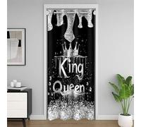 feelingyou Cortina de puerta de rey y reina privacidad, corona impresión brillante brillo apagón cortina de puerta, cortina de ventana de puerta negra gris 1 panel, 132 x 203 cm