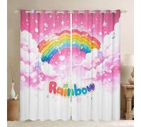 feelingyou Cortina de ventana de arco iris de acuarela, cortinas de ventana de líneas degradadas coloridas para niñas, estrellas blancas rosadas nube cielo tratamiento de ventanas para sala de estar